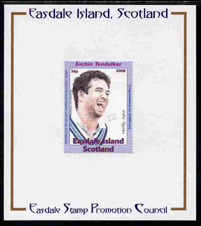 Easdale 2008 Sachin Tendulkar (cricketer) 36p (looking to right - blue border) mounted on Publicity proof card issued by the Easdale Stamp Promotion Council , stamps on sport, stamps on cricket