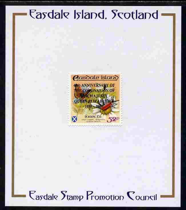 Easdale 1993 40th Anniversary of Coronation overprinted in black on Flora & Fauna perf 52p (Butterfly & Insects) mounted on Publicity proof card issued by the Easdale Stamp Promotion Council , stamps on royalty, stamps on coronation, stamps on insects, stamps on butterflies, stamps on dragonflies