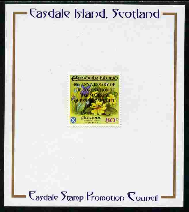 Easdale 1993 40th Anniversary of Coronation overprinted in black on Flora & Fauna perf 80p (Flowers) mounted on Publicity proof card issued by the Easdale Stamp Promotion Council , stamps on royalty, stamps on coronation, stamps on flowers
