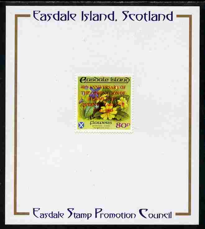 Easdale 1993 40th Anniversary of Coronation overprinted in red on Flora & Fauna perf 80p (Flowers) mounted on Publicity proof card issued by the Easdale Stamp Promotion Council , stamps on royalty, stamps on coronation, stamps on flowers