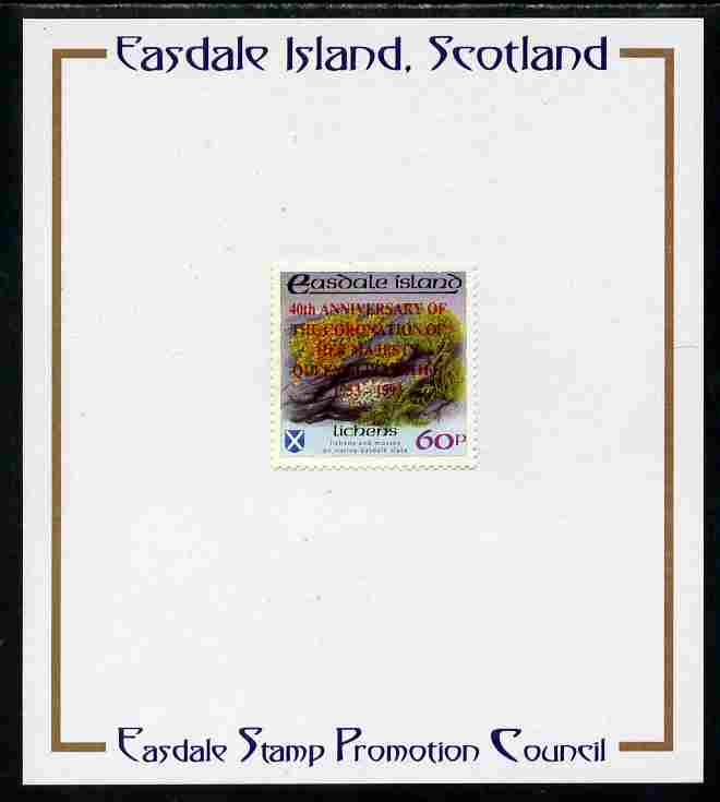 Easdale 1993 40th Anniversary of Coronation overprinted in red on Flora & Fauna perf 60p (Lichens) mounted on Publicity proof card issued by the Easdale Stamp Promotion Council , stamps on royalty, stamps on coronation, stamps on lichens