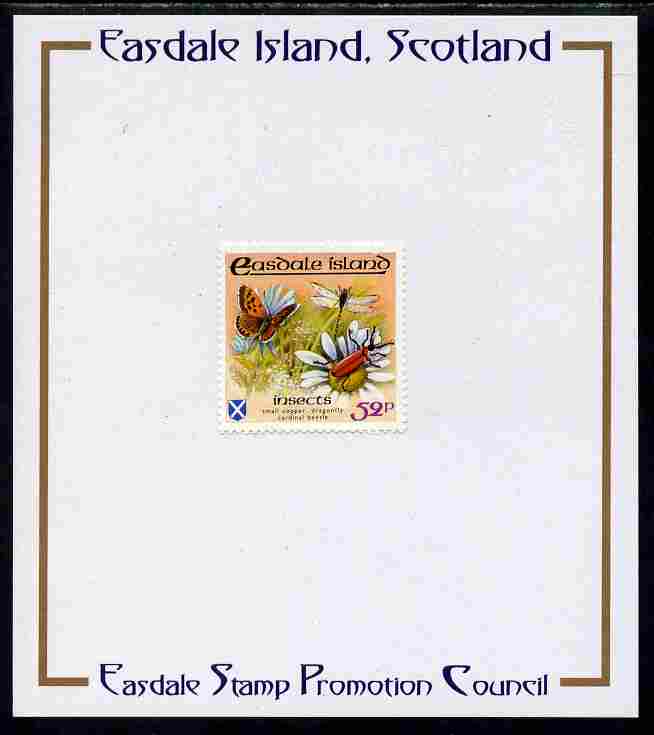Easdale 1988 Flora & Fauna perf definitive 52p (Butterfly & Insects) mounted on Publicity proof card issued by the Easdale Stamp Promotion Council , stamps on insects, stamps on butterflies, stamps on dragonflies