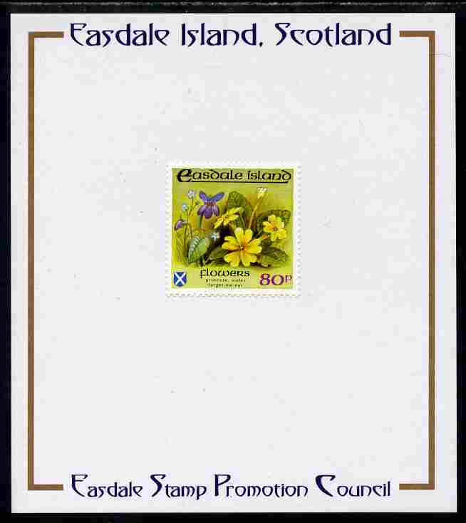 Easdale 1988 Flora & Fauna perf definitive 80p (Flowers) mounted on Publicity proof card issued by the Easdale Stamp Promotion Council , stamps on flowers