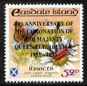 Easdale 1993 40th Anniversary of Coronation overprinted in black on Flora & Fauna perf 52p (Butterfly & Insects) unmounted mint, stamps on royalty, stamps on coronation, stamps on insects, stamps on butterflies, stamps on dragonflies
