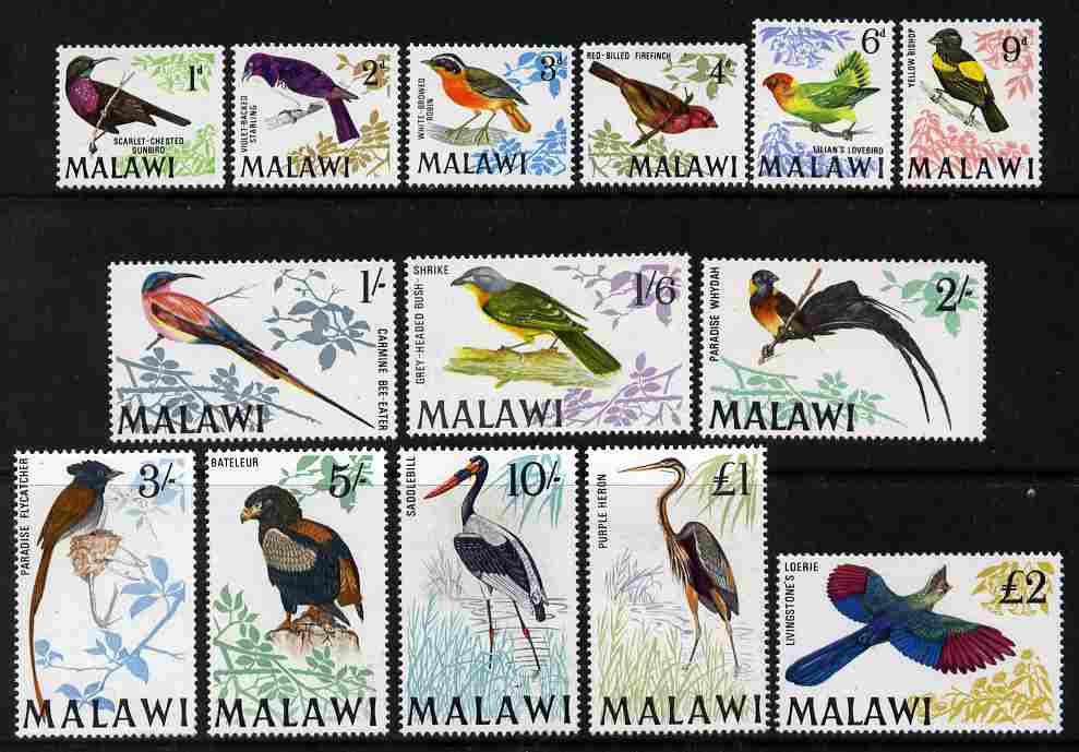 Malawi 1968 Birds defintive set complete to \A32 - 14 values unmounted mint SG 310-23, stamps on birds