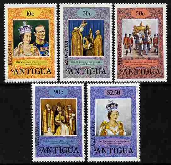 Antigua - Redonda 1978 Coronation 25th Anniversary perf 14 set of 5 overprinted for use in Redonda unmounted mint, stamps on royalty, stamps on coronation