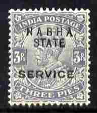 Indian States - Nabha 1913 Official KG5 3p grey overprinted SERVICE unmounted mint SG O39, stamps on , stamps on  kg5 , stamps on 