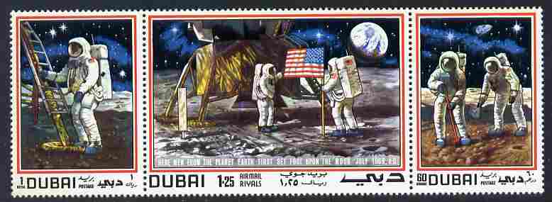 Dubai 1969 Man on the Moon se-tenant strip of 3 unmounted mint SG 346a, stamps on space