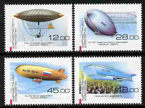 Kyrgyzstan 2011 Development of Airships perf set of 4 unmounted mint, stamps on aviation, stamps on airships