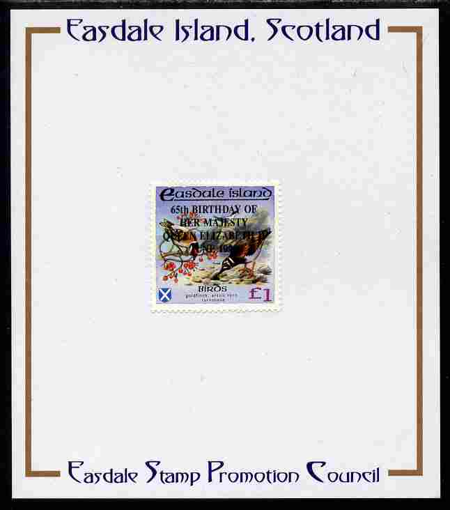 Easdale 1991 65th Birthday of Queen Elizabeth overprinted in black on Flora & Fauna perf definitive \A31 (Birds) mounted on Publicity proof card issued by the Easdale Sta..., stamps on birds