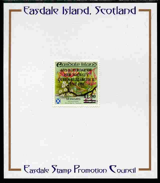 Easdale 1991 65th Birthday of Queen Elizabeth overprinted in black on Flora & Fauna perf definitive \A31 on .10 (Shrubs) mounted on Publicity proof card issued by the Eas..., stamps on flowers