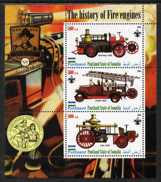 Puntland State of Somalia 2010 History of Fire Engines #1 (with Scout Logo) perf sheetlet containing 3 values unmounted mint, stamps on fire, stamps on scouts