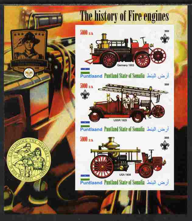 Puntland State of Somalia 2010 History of Fire Engines #1 (with Scout Logo) imperf sheetlet containing 3 values unmounted mint, stamps on fire, stamps on scouts
