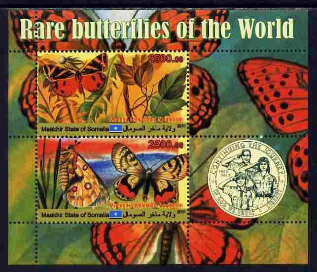 Maakhir State of Somalia 2011 Rare Butterflies #1 (with Scout Badge) perf sheetlet containing 2 values unmounted mint, stamps on butterflies, stamps on scouts