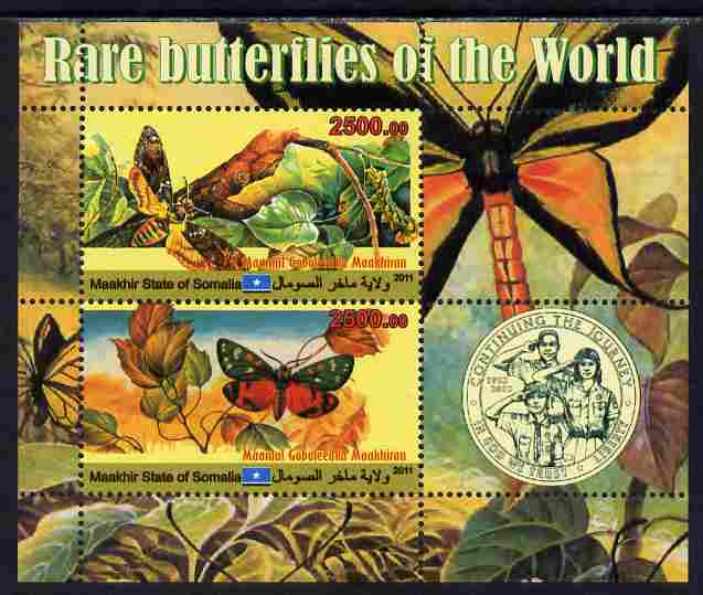 Maakhir State of Somalia 2011 Rare Butterflies #2 (with Scout Badge) perf sheetlet containing 2 values unmounted mint, stamps on butterflies, stamps on scouts