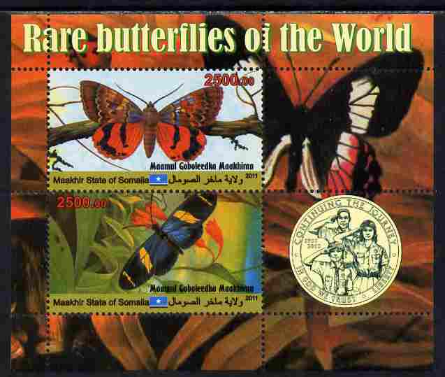 Maakhir State of Somalia 2011 Rare Butterflies #3 (with Scout Badge) perf sheetlet containing 2 values unmounted mint, stamps on butterflies, stamps on scouts