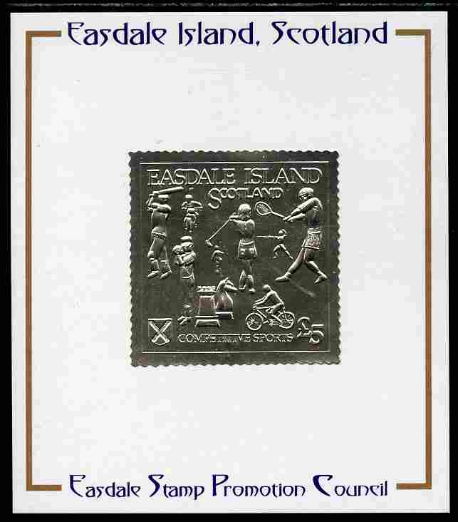 Easdale 1991 Competitive Sport #1 Â£5 embossed in silver foil (with border showing Golf, Cricket, Tennis, Scrambling, Bowls, Fencing, Cycling & Chess) mounted on Public..., stamps on sport, stamps on bicycles, stamps on chess, stamps on cricket, stamps on fencing, stamps on golf, stamps on tennis, stamps on bowls, stamps on motorbikes, stamps on football
