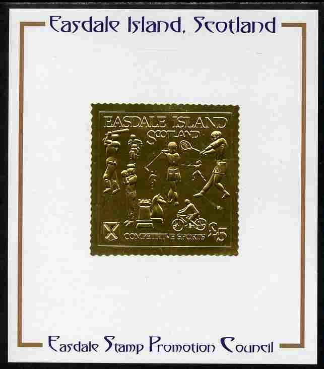 Easdale 1991 Competitive Sport #1 Â£5 embossed in gold foil (with border showing Golf, Cricket, Tennis, Scrambling, Bowls, Fencing, Cycling & Chess) mounted on Publicity proof card issued by the Easdale Stamp Promotion Council , stamps on sport, stamps on bicycles, stamps on chess, stamps on cricket, stamps on fencing, stamps on golf, stamps on tennis, stamps on bowls, stamps on motorbikes, stamps on football