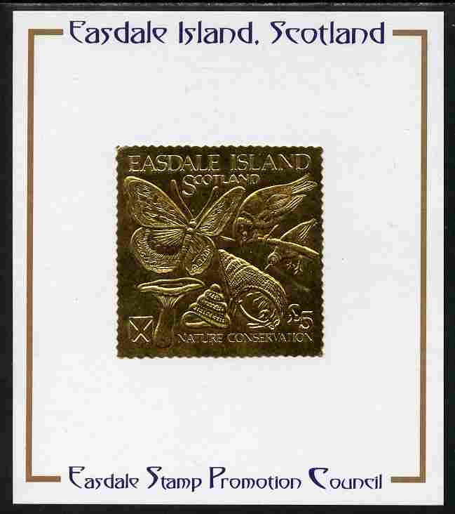 Easdale 1991 Nature Conservation Â£5 embossed in gold foil (Butterfly, Birds, Mushroom & Shells) mounted on Publicity proof card issued by the Easdale Stamp Promotion C..., stamps on butterflies, stamps on birds, stamps on fungi, stamps on shells, stamps on marine life