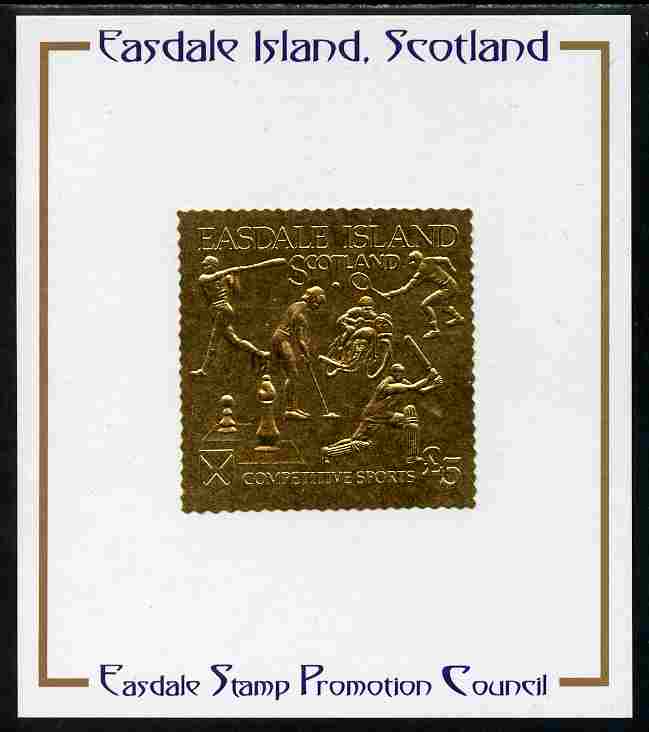 Easdale 1991 Competitive Sport #2 Â£5 embossed in gold foil (without border showing Golf, Cricket, Tennis, Motor-Cycling, Baseball & Chess) mounted on Publicity proof card issued by the Easdale Stamp Promotion Council , stamps on sport, stamps on chess, stamps on cricket, stamps on golf, stamps on tennis, stamps on motorbikes, stamps on baseball