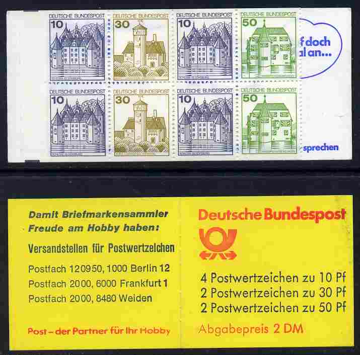 Germany - West 1980-81 German Castles 2m booklet,(with posthorn) complete and fine, SG SB71b, stamps on castles, stamps on posthorn