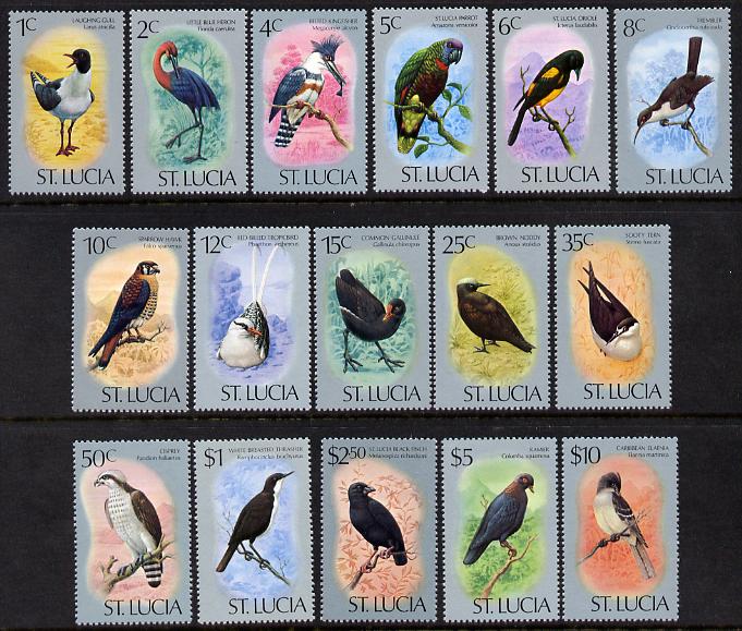 St Lucia 1976 Birds definitive set of 16 values complete unmounted mint SG 415-30a, stamps on birds