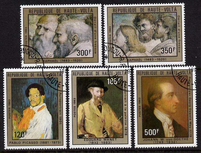 Upper Volta 1983 Celebrities' Anniversaries perf set of 5 cto used SG 687-91, stamps on , stamps on  stamps on personalities, stamps on  stamps on arts, stamps on  stamps on picasso, stamps on  stamps on manet, stamps on  stamps on raphael, stamps on  stamps on goethe