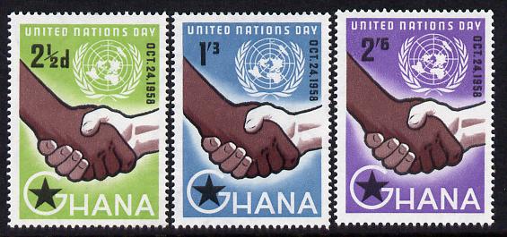 Ghana 1958 United Nations Day perf set of 3 unmounted mint SG 201-3, stamps on united nations