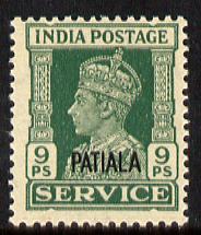 Indian States - Patiala 1939-44 KG6 Official 9p green unmounted mint SG O74, stamps on , stamps on  kg6 , stamps on 