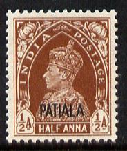 Indian States - Patiala 1941-46 KG6 1/2a red-brown unmounted mint SG 99, stamps on , stamps on  kg6 , stamps on 