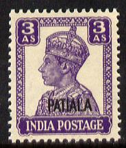 Indian States - Patiala 1941-46 KG6 3a bright violet unmounted mint SG 110, stamps on , stamps on  kg6 , stamps on 