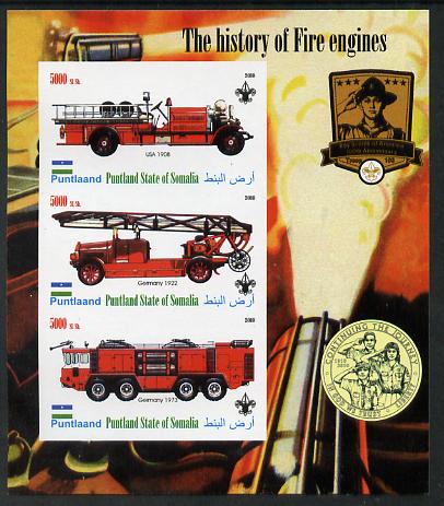 Puntland State of Somalia 2010 History of Fire Engines #2 (with Scout Logo) imperf sheetlet containing 3 values unmounted mint, stamps on fire, stamps on scouts