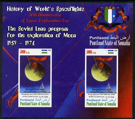 Puntland State of Somalia 2010 History of Space Flight - Soviet Moon Programme #2 imperf sheetlet containing 2 values unmounted mint, stamps on space, stamps on heraldry, stamps on 