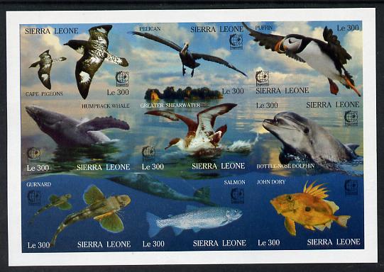 Sierra Leone 1995 Singapore 95 Stamp Exhibition - Marine Life imperf sheetlet #2 containing 9 values unmounted mint, as SG 2356a, stamps on stamp exhibitions, stamps on marine life, stamps on fish, stamps on birds, stamps on dolphins, stamps on whales