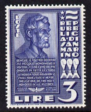 San Marino 1938 Bust of Abraham Lincoln 3L steel blue (ex m/sheet) unmounted mint as SG 232a, stamps on personalities, stamps on lincoln, stamps on constitutions, stamps on usa presidents, stamps on americana, stamps on slavery, stamps on racism, stamps on theatres