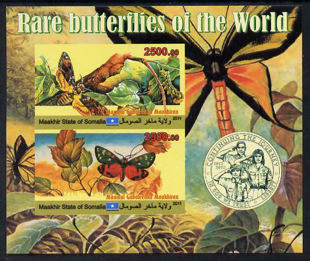 Maakhir State of Somalia 2011 Rare Butterflies #2 (with Scout Badge) imperf sheetlet containing 2 values unmounted mint, stamps on butterflies, stamps on scouts