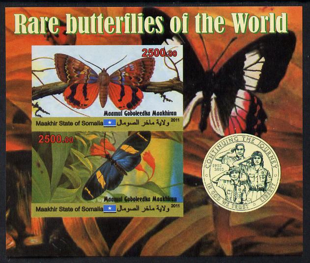 Maakhir State of Somalia 2011 Rare Butterflies #3 (with Scout Badge) imperf sheetlet containing 2 values unmounted mint, stamps on butterflies, stamps on scouts