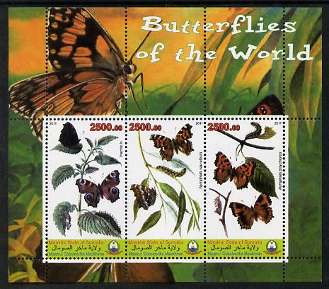 Maakhir State of Somalia 2011 Butterflies of the World #6 perf sheetlet containing 3 values unmounted mint, stamps on butterflies, stamps on 