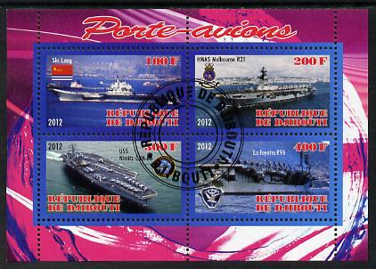 Djibouti 2012 Aircraft Carriers #4 perf sheetlet containing 4 values fine cto used, stamps on ships, stamps on flat tops, stamps on aircraft carriers, stamps on aviation