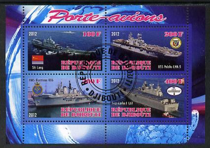 Djibouti 2012 Aircraft Carriers #5 perf sheetlet containing 4 values fine cto used, stamps on ships, stamps on flat tops, stamps on aircraft carriers, stamps on aviation