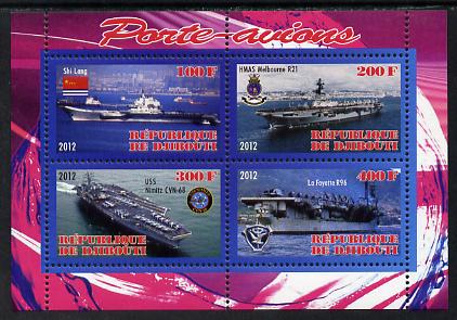 Djibouti 2012 Aircraft Carriers #4 perf sheetlet containing 4 values unmounted mint, stamps on ships, stamps on flat tops, stamps on aircraft carriers, stamps on aviation