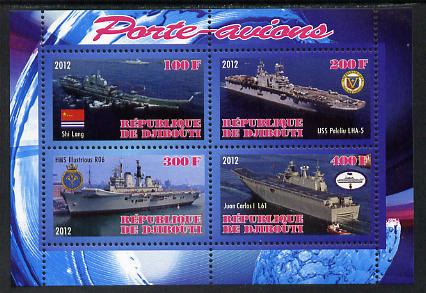 Djibouti 2012 Aircraft Carriers #5 perf sheetlet containing 4 values unmounted mint, stamps on ships, stamps on flat tops, stamps on aircraft carriers, stamps on aviation