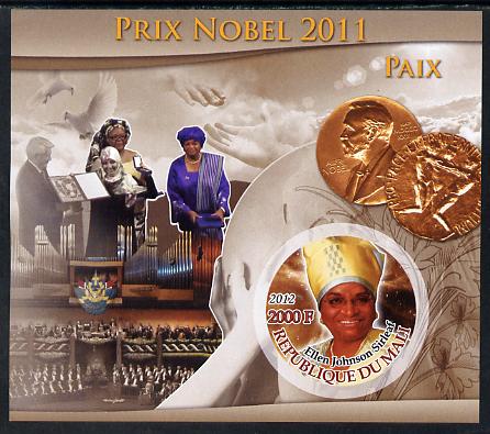 Mali 2012 Nobel Peace Prize - Ellen Johnson Sirleaf imperf souvenir sheet containing circular stamp unmounted mint, stamps on , stamps on  stamps on nobel, stamps on  stamps on peace, stamps on  stamps on shaped
