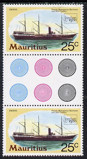 Mauritius 1980 'London 1980' 25c Mail Ship in unmounted mint gutter pair with wmk sideways inverted (SG 592Ei), stamps on ships, stamps on postal