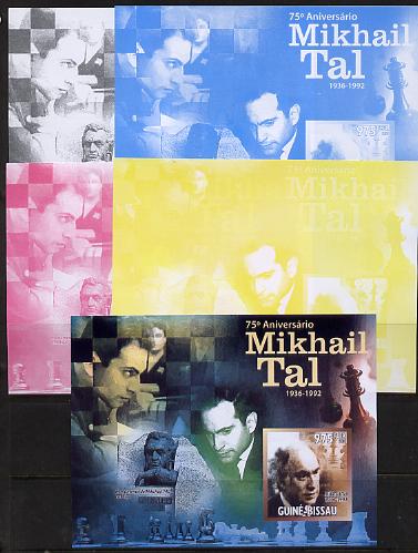 Guinea - Bissau 2011 Chess - 75th Birth Anniversary of Mikhail Tal #3 m/sheet sheet - the set of 5 imperf progressive proofs comprising the 4 individual colours plus all 4-colour composite, unmounted mint , stamps on , stamps on  stamps on personalities, stamps on  stamps on chess, stamps on  stamps on 