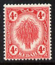 Malaya - Kedah 1919-21 Sheaf of Rice 4c red MCA unmounted mint SG21, stamps on rice, stamps on agriculture, stamps on food