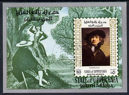 Aden - Upper Yafa 1967 Old Masters 1st series 50f imperf m/sheet (Rembrandt) fine cto used Mi BL 7, stamps on arts, stamps on rembrandt