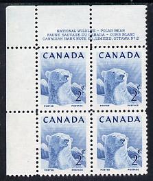 Canada 1953 Wildlife Week 2c Polar Bear corner plate No.2 block of 4 unmounted mint, SG 447, stamps on animals, stamps on bears, stamps on polar bear
