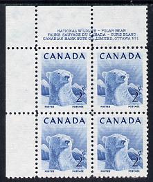 Canada 1953 Wildlife Week 2c Polar Bear corner plate No.1 block of 4 unmounted mint, SG 447, stamps on animals, stamps on bears, stamps on polar bear