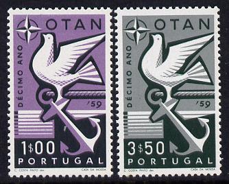 Portugal 1960 10th Anniv of N.A.T.O. set of 2 unmounted mint, SG 1164-65, stamps on , stamps on  stamps on birds, stamps on  stamps on dove, stamps on  stamps on peace, stamps on  stamps on anchors, stamps on  stamps on nato